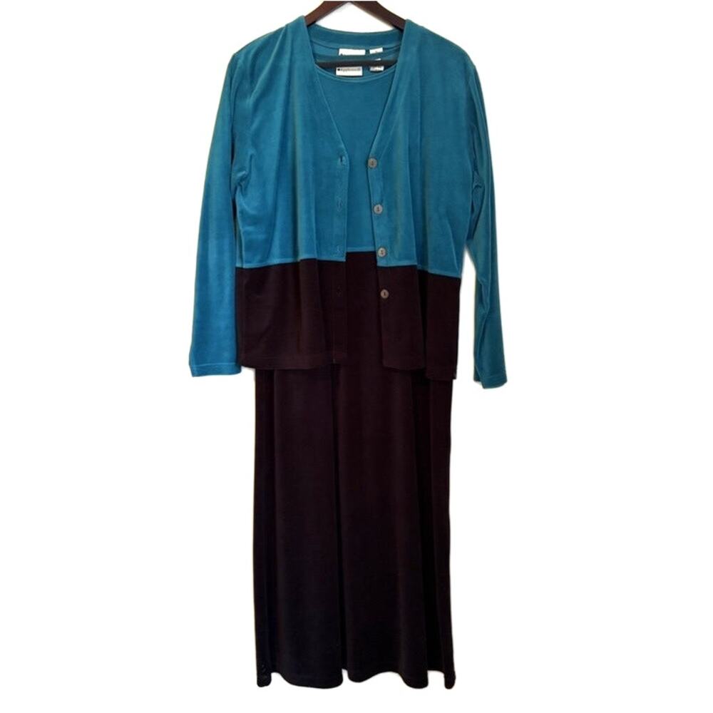 Appleseed's 2-Piece Velour Dress & Cardigan Set Teal Black Colorblock Size L